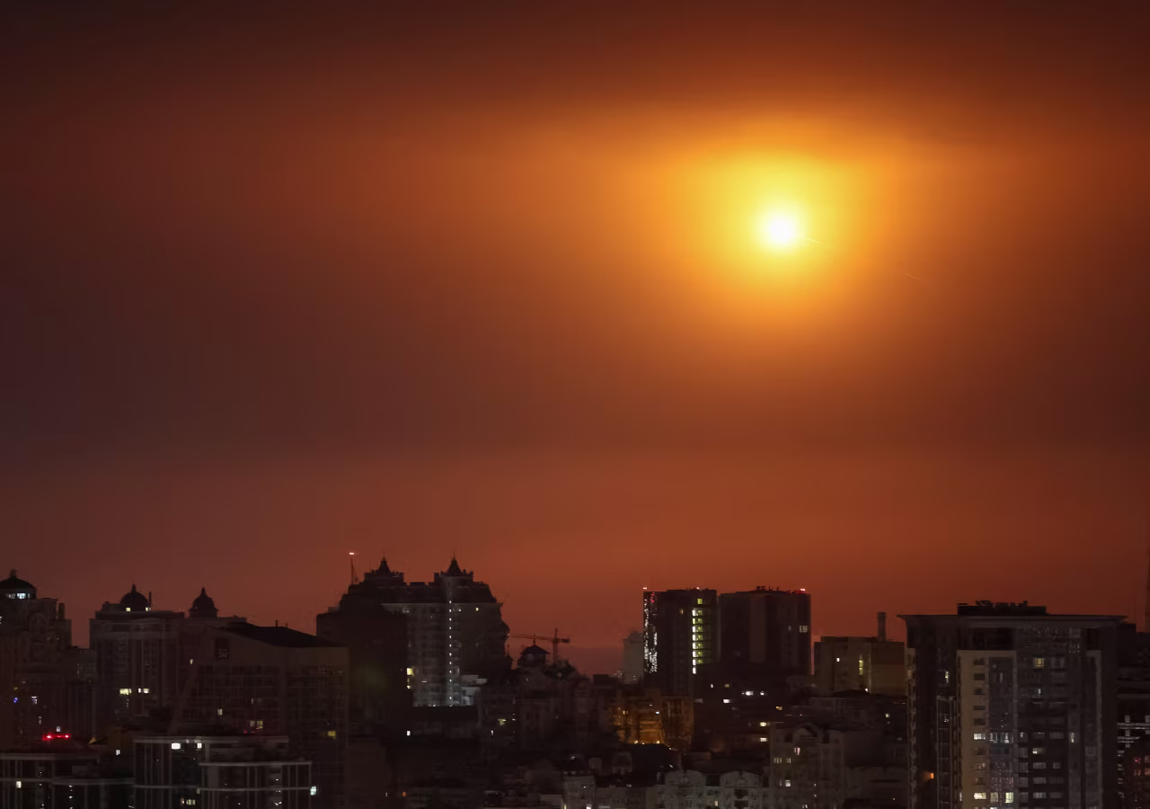 An explosion of a Russian drone in the sky over Kyiv during a Russian missile and drone strike on Tuesday.