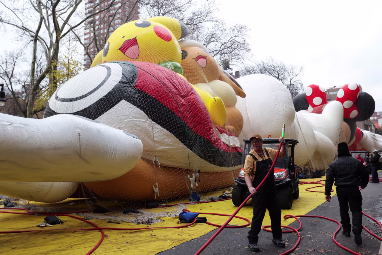 A Pokémon ballon is inflated on the eve of the Macy's Thanksgiving Day Parade in New York City on Wednesday.