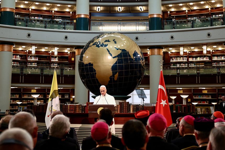 Pope Leo XIV addresses authorities, civil society, and the diplomatic corps at the National Library of the Presidential Palace, in Ankara, Turkey, on November 27.