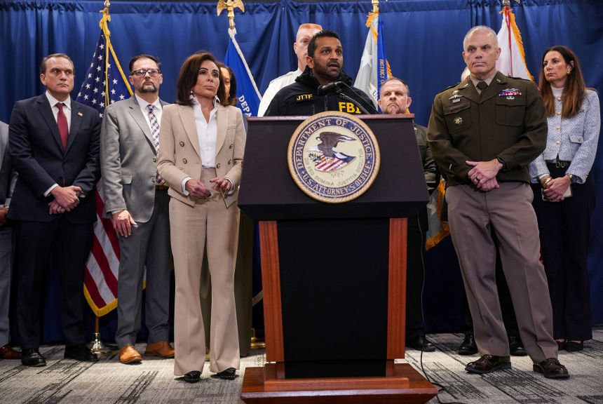 FBI Director Kash Patel speaks during a news conference with US Attorney for DC Jeanine Pirro and other authorities on Thursday.
