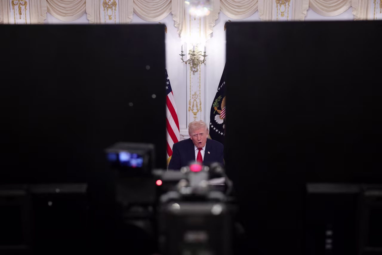 US President Donald Trump participates in a call with service members of US. Army from Palm Beach, Florida, on November 27, 2025.