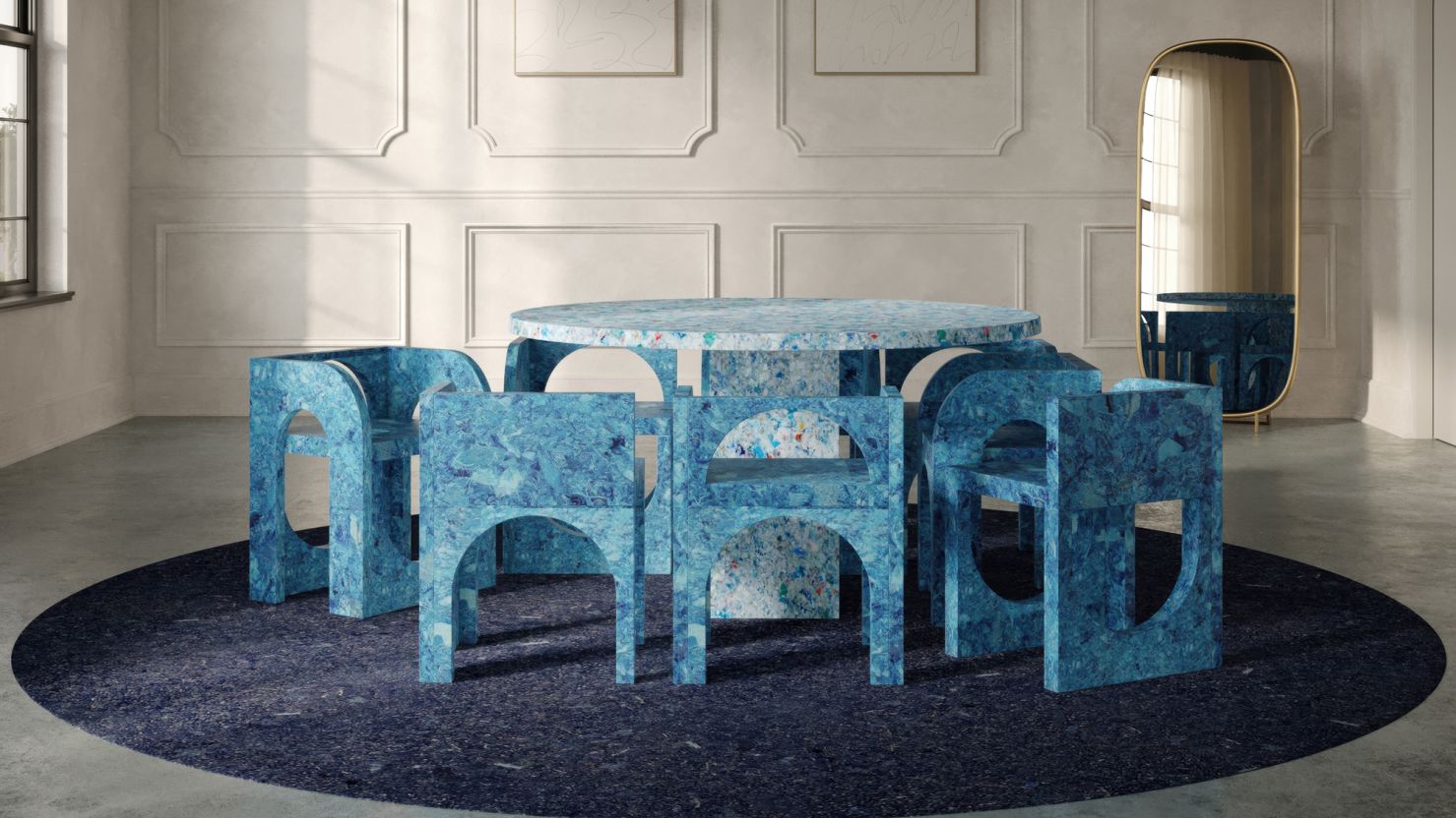 US design firm Particle's collection of sculptural, Bauhaus-inspired furniture is made from repurposed textiles, sneaker soles and denim.