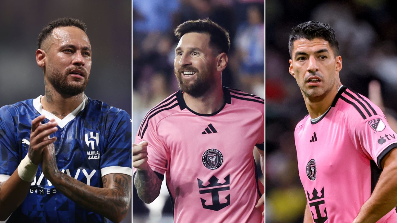 Left: Neymar looks on after the AFC Champions League Elite match between Al Ain and Al-Hilal at Hazza bin Zayed Stadium on October 21, 2024 in Al Ain, United Arab Emirates. Middle: Lionel Messi #10 of Inter Miami celebrates scoring his third goal during the second half against the New England Revolution at Chase Stadium on October 19, 2024 in Fort Lauderdale, Florida. Right: Inter Miami's Uruguayan forward #09 Luis Suarez looks on during the friendly football match between Saudi Arabia's al-Nassr FC and the US Inter Miami CF at the Kingdom Arena Stadium in Riyadh on February 1, 2024.