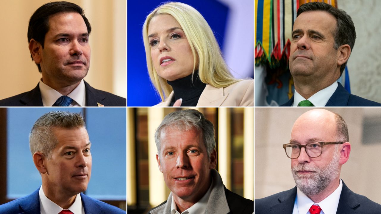 Top, left to right: Marco Rubio, Pam Bondi, John Ratcliffe. Bottom, left to right: Sean Duffy, Chris Wright, Russell Vought.