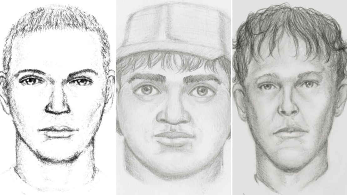 The FBI released this sketch of three suspects who remain wanted in the killing of Maggie Long.