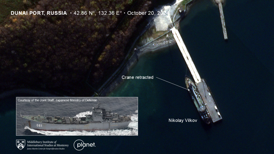 By October 20, the crane is retracted from the Russian landing ship at Dunai port, and it appears a likely transfer of North Korean soldiers is complete.