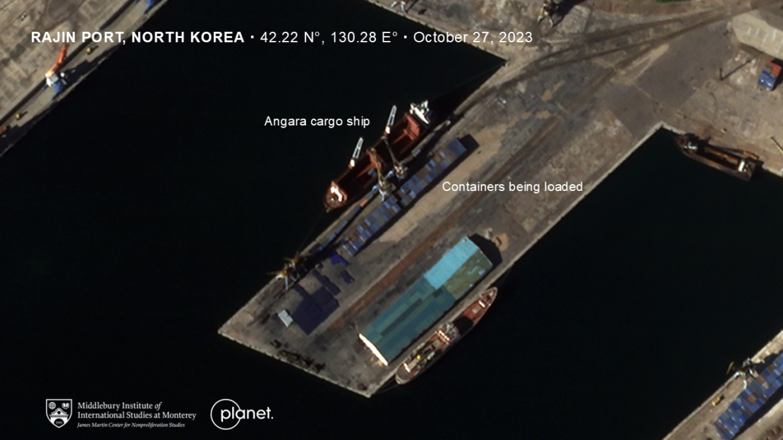 A cargo ship, the Angara, is loaded at Rajin port in North Korea, on October 27, 2023.