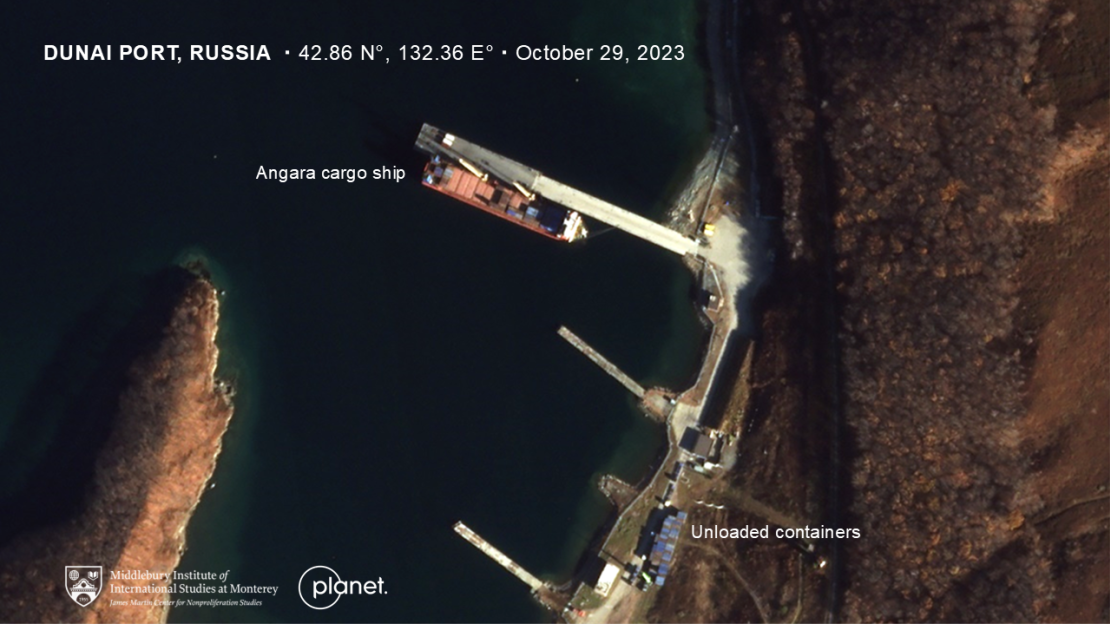 The same ship, the Angara, is docked two days later on October 29, 2023, at the secluded port of Dunai in Russia.