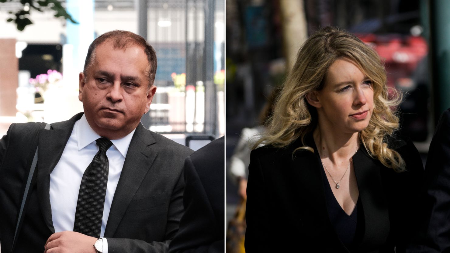 Left: Former Theranos COO Ramesh "Sunny" Balwani leaves the Robert F. Peckham Federal Building on July 7, 2022, in San Jose, California. Right: Former Theranos CEO Elizabeth Holmes makes her way to court on March 17, 2023, in San Jose, California.