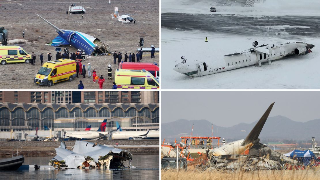 Clockwise from top left: Recent crashes include those of Azerbaijan Airlines in Kazakhstan; Delta Air Lines in Toronto; American Airlines Washington, DC; and Jeju Air in South Korea. All but the Delta crash landing saw loss of life.