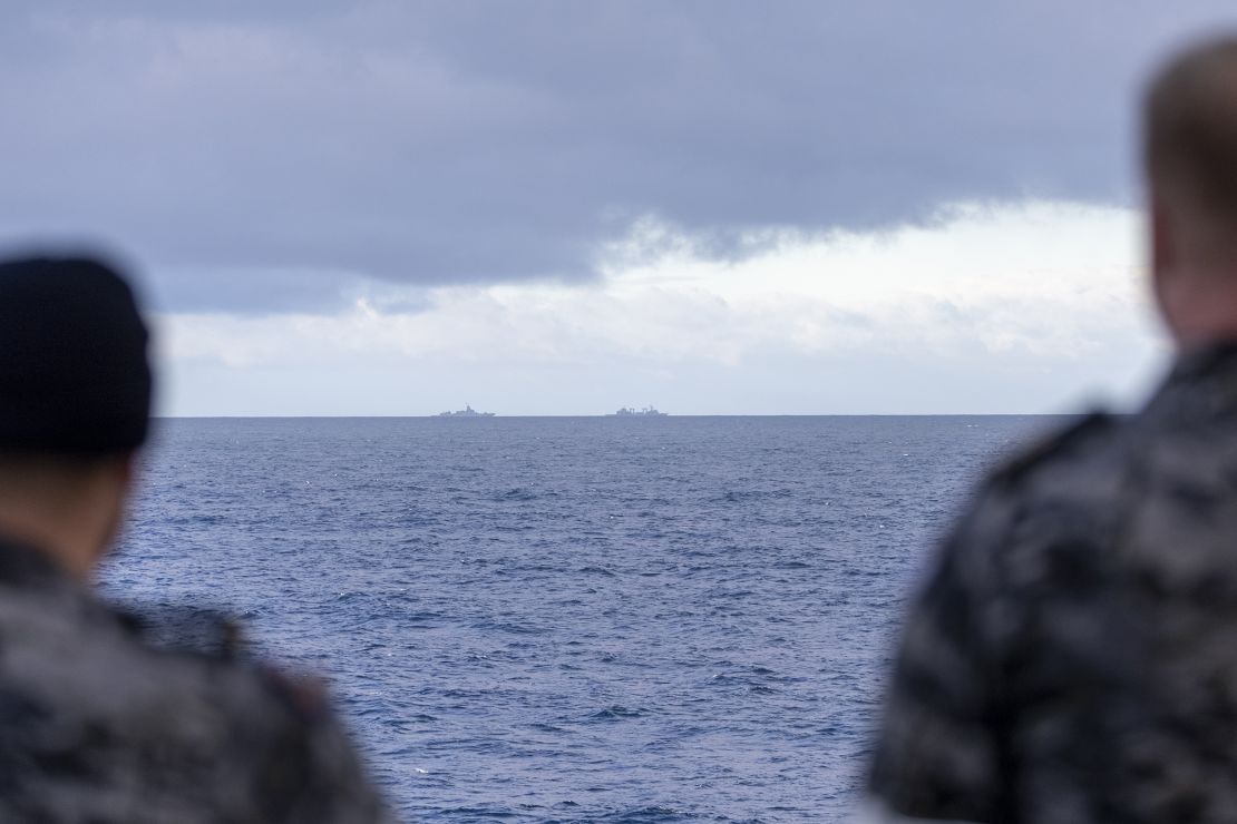 HMAS Stuart monitors People’s Liberation Army-Navy Fuchi-class (right) and Renhai-class cruiser Zunyi as they conduct replenishment at sea off the coast of Western Australia. MARCH 3