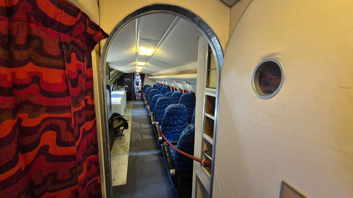 <strong>Into the past: </strong>The interior of a Comet DH106 1A — the world's first passenger jet plane — has been recreated at the de Havilland Aircraft Museum near London.
