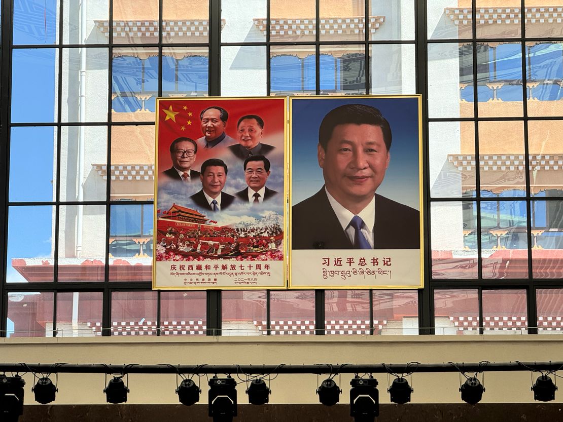 Huge portraits of Chinese leader Xi Jinping adorn the windows of a nursing home in Lhasa, the Tibetan capital.
