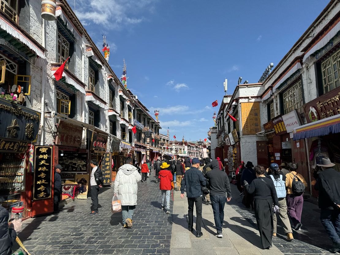 Tourists flock to the bustling Barkhor Street in Lhasa, the Tibetan capital.