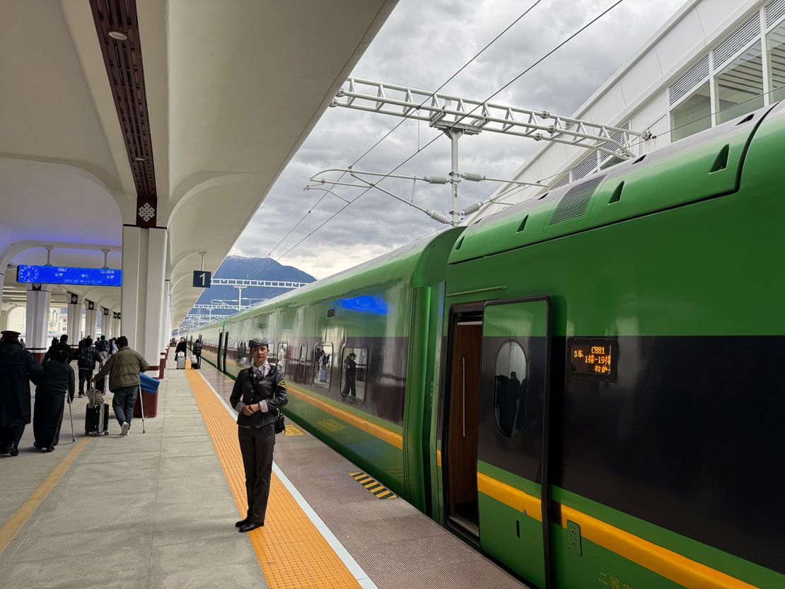 The only bullet train operating in Tibet at the railway station in Nyingchi, the final stop on the service originating from Lhasa, the Tibetan capital.
