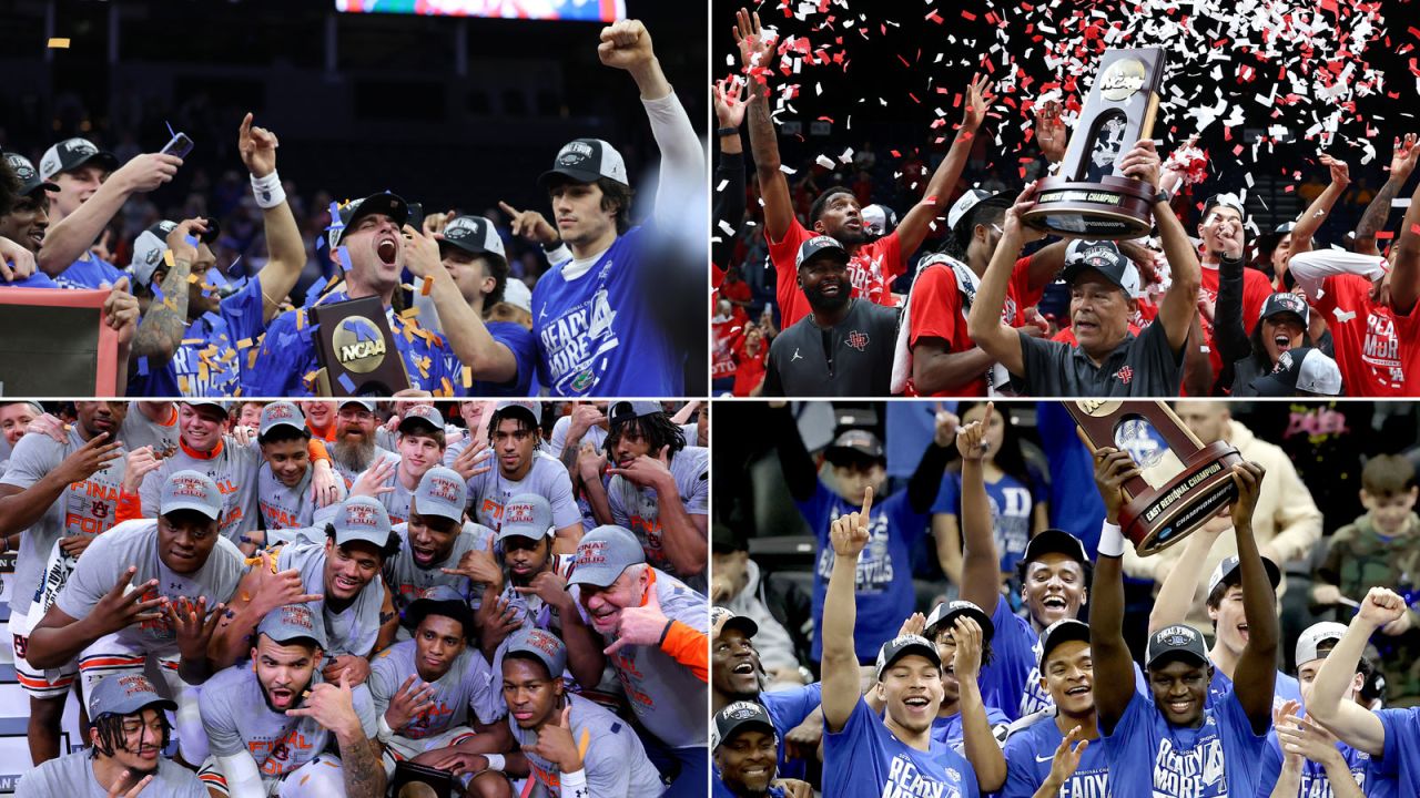 Clockwise from top left: Florida, Houston, Duke and Auburn celebrate making it to the Final Four.