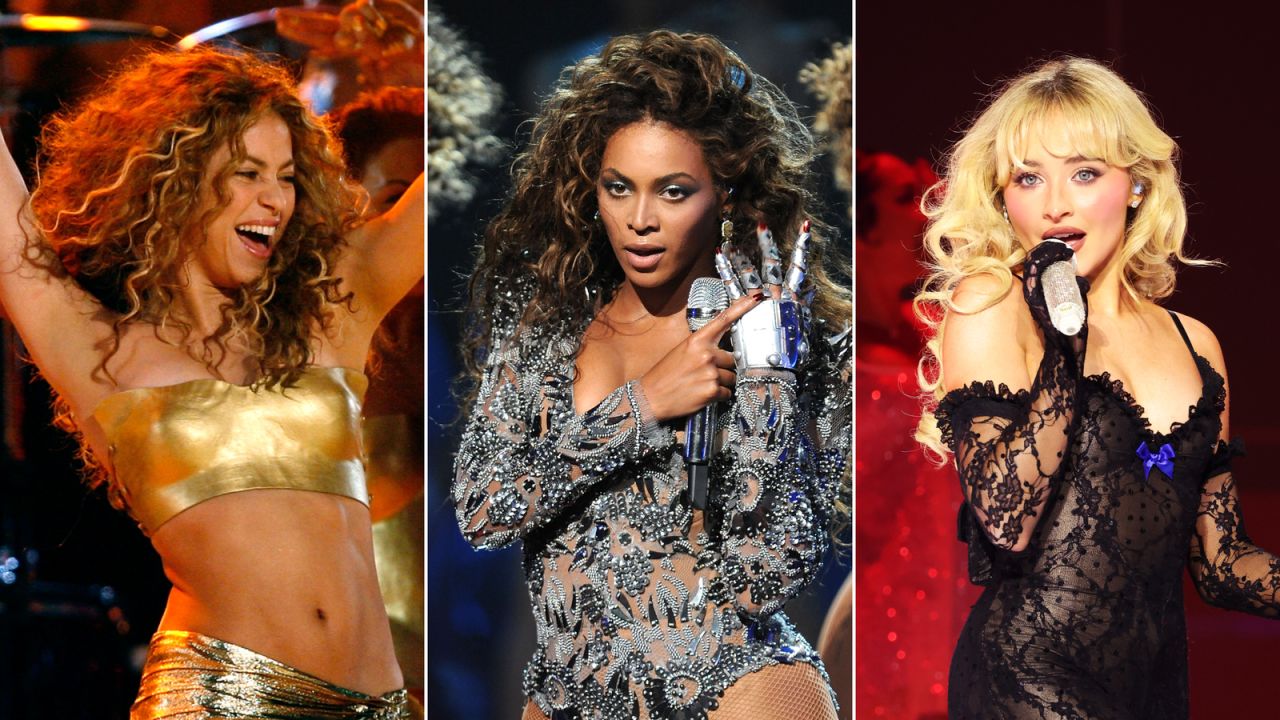 (L-R:) Singer Shakira performs "Hips Don't Lie" onstage at the 49th Annual Grammy Awards at the Staples Center on February 11, 2007 in Los Angeles, California. Beyonce performs onstage during the 2009 MTV Video Music Awards at Radio City Music Hall on September 13, 2009 in New York City. Sabrina Carpenter performs onstage during the Sabrina Carpenter Short n’ Sweet Tour at Barclays Center on September 30, 2024.