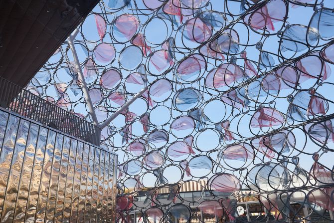 Electronics manufacturer Panasonic invites visitors into a world of tech-enabled wonder at its children’s pavilion, “The Land of NOMO.” The structure is predominantly built with recycled glass, iron and copper from home appliances, like washer-dryers, and utilizes a prototype of ultra-thin, flexible, perovskite solar cells outside the pavilion.