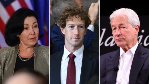 (L-R:) CEO of Oracle Safra Catz, CEO of Meta Mark Zuckerberg, CEO of JPMorgan ChaseJamie Dimon.