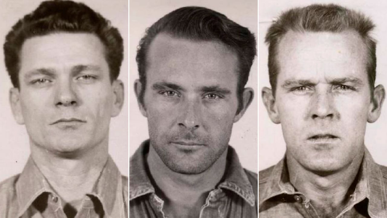 From left to right, Frank Lee Morris, Clarence Anglin and John Anglin are seen in their mugshots.