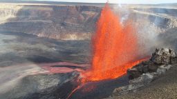 On May 11, USGS Hawaiian Volcano Observatory scientists visited the western rim of Halemaʻumaʻu crater to observe episode 21 of the ongoing Kīlauea summit eruption. While there, they captured this photo of lava fountains that were reaching approximately 500 feet (150 meters) in height above the northern eruptive vent and feeding several open lava channels onto the crater floor. USGS photo by M. Zoeller.