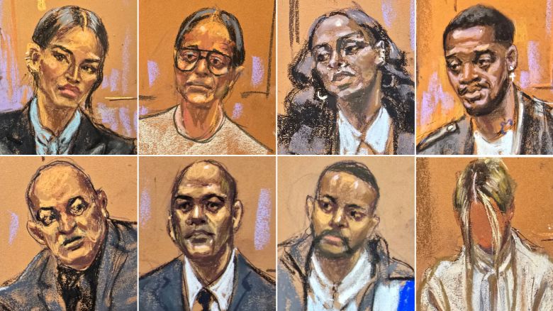 Witnesses in Sean “Diddy” Combs’ sex trafficking trial. Top from from left: Cassie Ventura, Capricorn Clark, Dawn Richard and Kid Cudi. Bottom row from left: Lance Jimenez, Christopher Ignacio, Deonte Nash and “Mia.”
