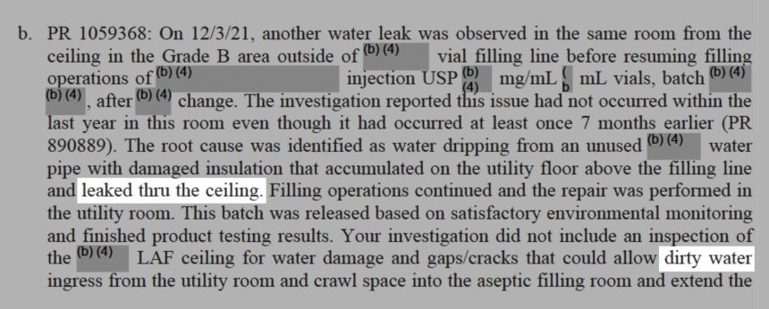 The FDA inspection report of the Sun Pharma factory in India warned of leaks that could allow dirty water into a sterile area where drugs were made.