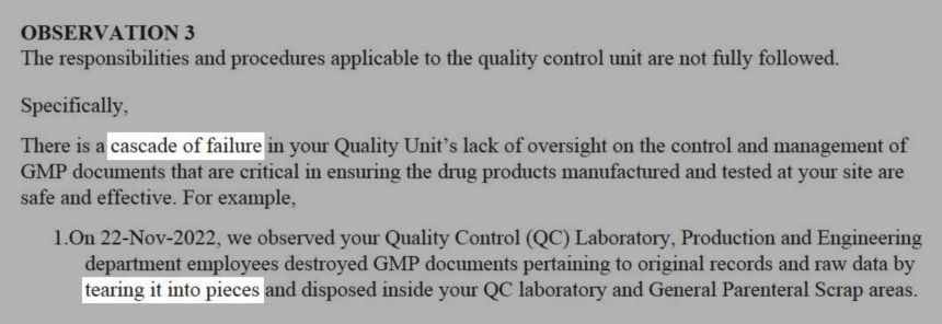 A 2022 FDA inspection report described “a cascade of failure” at one of the Intas plants, noting that employees were observed destroying records “by tearing it into pieces.”
