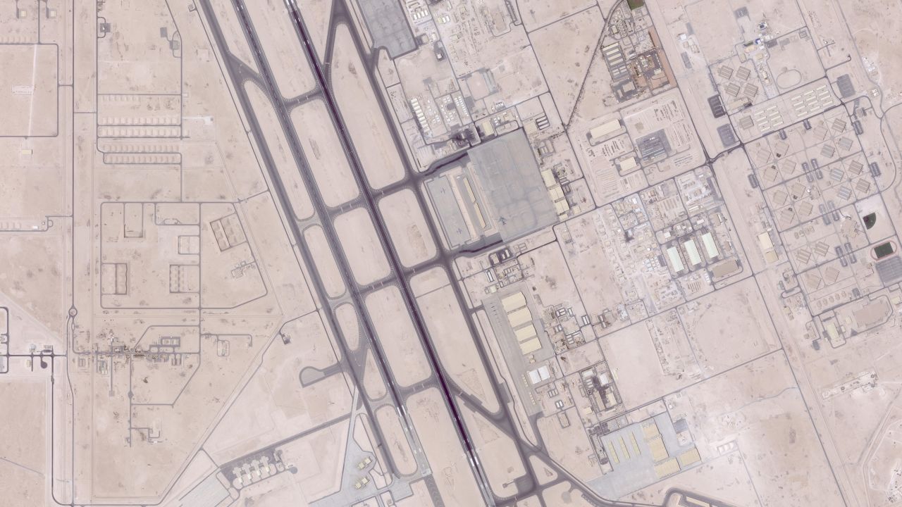 A satellite image shows nearly empty tarmacs at the US military's Al-Udeid Airbase in Qatar after unsheltered aircraft were moved to other locations. The move comes amidst the threat that Iran would attack US bases in the region if the US decides to join Israel in striking Iranian nuclear facilities.