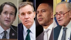 From left:  Rep. Jim Himes, Sen. Mark Warner, House Minority Leader Hakeem Jeffries and Senate Minority Leader Chuck Schumer. All four Democrats are on the Gang of Eight, which typically would be briefed before a significant US military engagement.