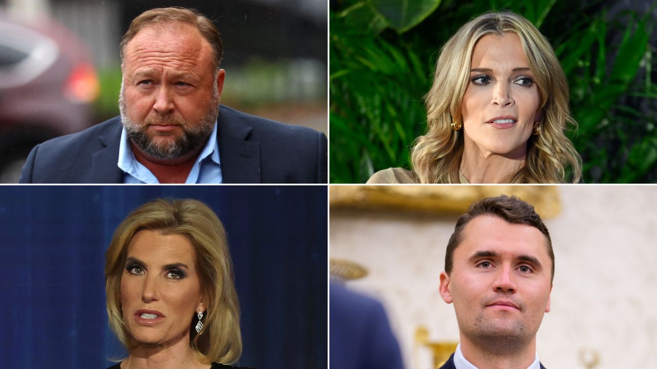 Clockwise, left to right: Alex Jones, Megyn Kelly, Charlie Kirk, Laura Ingraham.