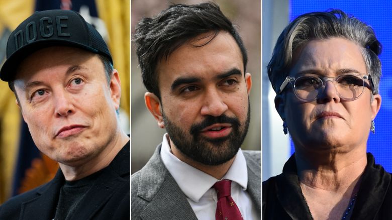 Left to right: Elon Musk, Zohran Mamdani, and Rosie O'Donnell