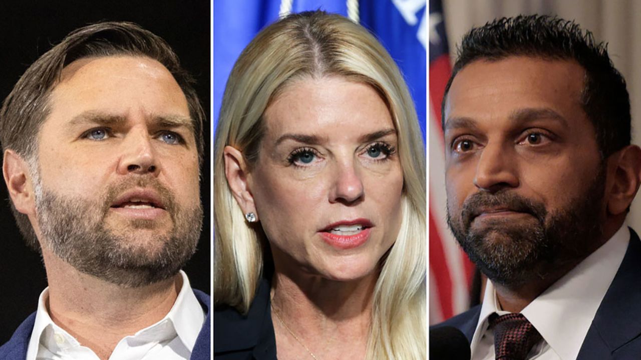 From left: Vice President JD Vance, Attorney General Pam Bondi and FBI Director Kash Patel.