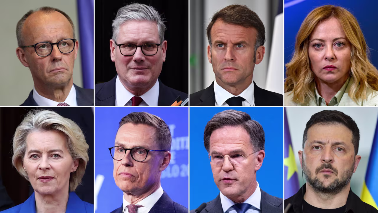 Top row from left: Germany Chancellor Friedrich Merz, British Prime Minister Keir Starmer, French President Emmanuel Macron and Italian Prime Minister Giorgia Meloni. Bottom row from left: European Commission President Ursula von der Leyen, Finland President Alexander Stubb, NATO Secretary General Mark Rutte and Ukrainian President Volodymyr Zelensky.