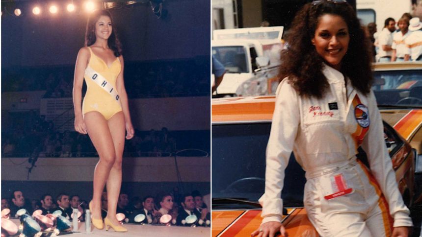 Kennedy as Miss Ohio in 1970; Kennedy at the Long Beach Celebrity Grand Prix, circa 1979 (she was the first female driver at the celebrity event).