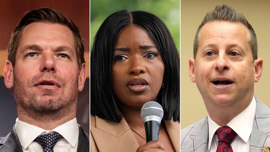 Rep. Eric Swalwell of California, Rep. Jasmine Crockett of Texas and Jared Moskowitz of Florida.