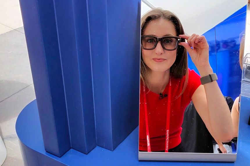 CNN's Clare Duffy takes a selfie with the new Meta Ray-Ban Display glasses during the Meta Connect conference on September 17, 2025.