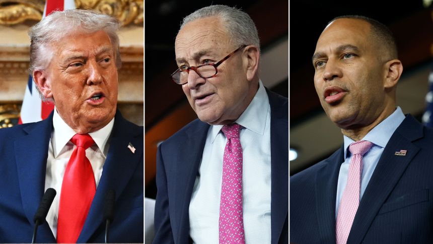 From left: President Donald Trump, Senate Minority Leader Chuck Schumer and House Minority Leader Hakeem Jeffries