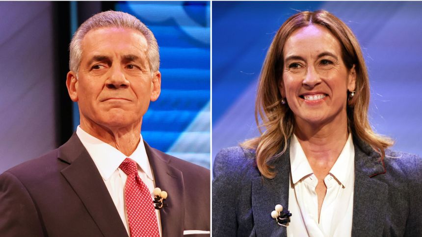 Republican Jack Ciattarelli, left, and Democrat Mikie Sherrill participate in the final debate in the New Jersey governor's race, Wednesday, Oct. 8, 2025, in New Brunswick, NJ.