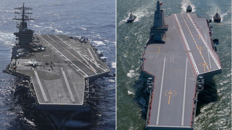 (Left) The aircraft carrier USS Nimitz (CVN 68) and China's third aircraft carrier, the Fujian