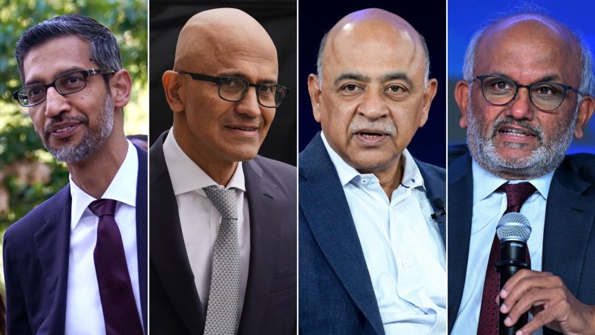 From left to right, Sundar Pichai, CEO of Google, Microsoft CEO Satya Nadella, Arvind Krishna, Chairman and CEO, IBM Corporation, and Shantanu Narayen, Chairman and CEO of Adobe Systems
