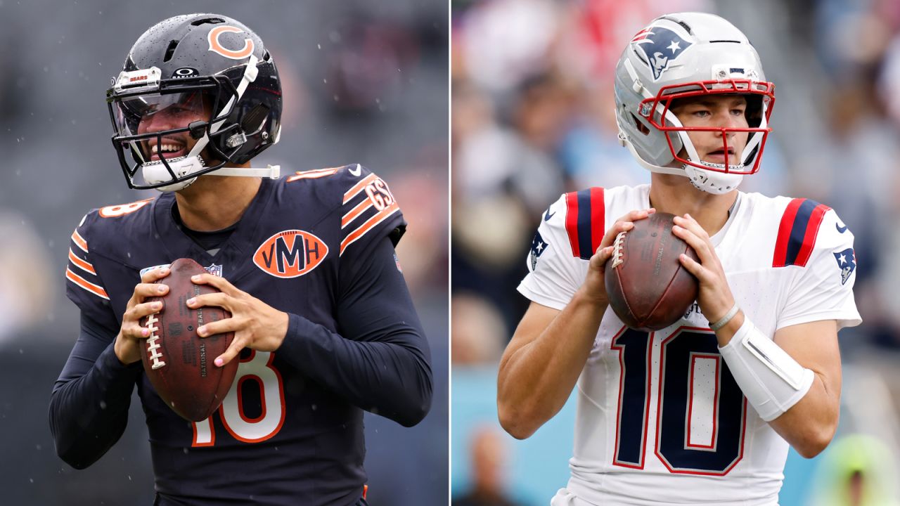 Caleb Williams (left) and Drake Maye (right) are thriving in their second seasons in the NFL.