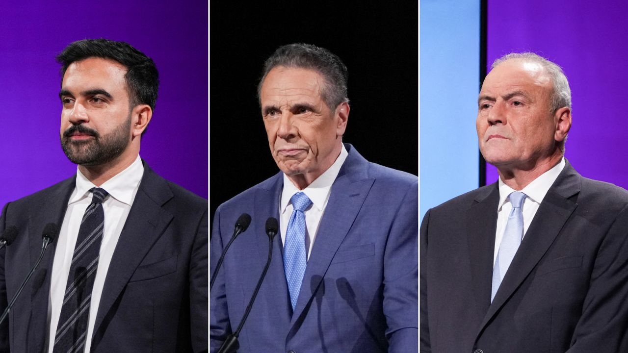 Democratic candidate Zohran Mamdani, independent candidate Andrew Cuomo and Republican candidate Curtis Sliwa participate in the second New York City mayoral debate at LaGuardia Performing Arts Center at LaGuardia Community College in Long Island City, Queens, on October 22, 2025.