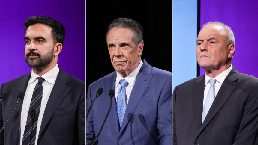 Democratic candidate Assemblyman Zohran Mamdani, Independent candidate former New York Gov. Andrew Cuomo and Republican candidate Curtis Sliwa, participate in a second New York City mayoral debate at LaGuardia Performing Arts Center at LaGuardia Community College in Long Island City, Queens, on October 22, 2025 in New York City.