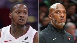 Miami Heat guard Terry Rozier, left, and Portland Trail Blazers head coach Chauncey Billups