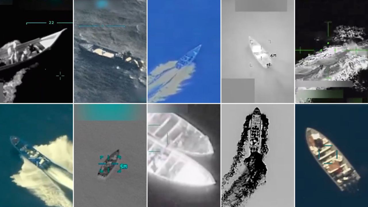 This grid of images shows 10 of the 11 incidents in which the US military has targeted boats in international waters, from September 2 to October 29.