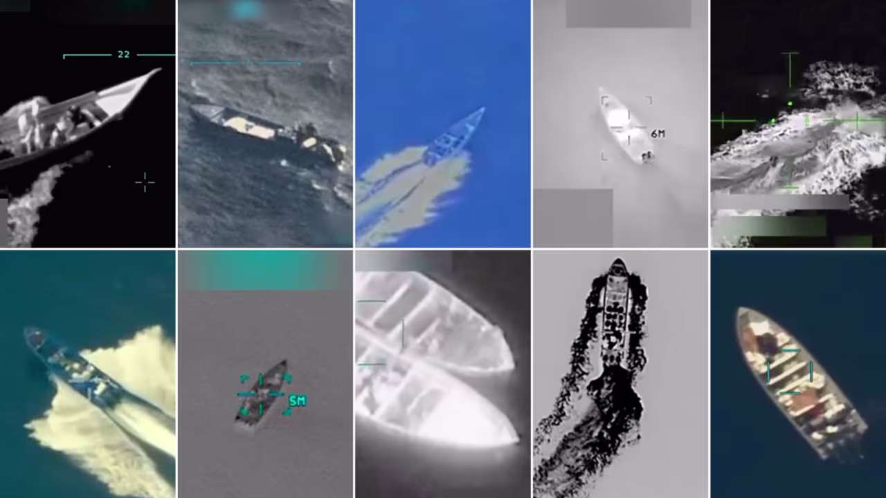 This grid of images shows 10 incidents in which the US military targeted boats in international waters, from September 2 to October 29.