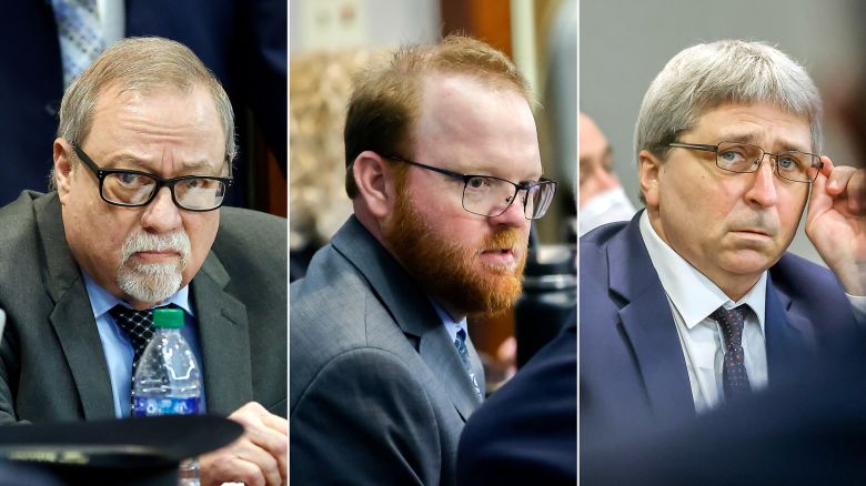 (From left) Greg McMichael, Travis McMichae, William "Roddie" Bryan during the sentencing in the Glynn County Courthouse in Brunswick, Georgia on January 7, 2022.