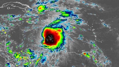 Infrared satellite image showing Tropical Storm Melissa in the Caribbean on October 22.