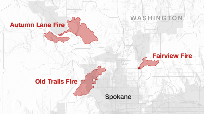Wildfires rage across Washington and Oregon; maps and satellite imagery show Spokane-area blazes forcing residents from their homes and shutting down roadways